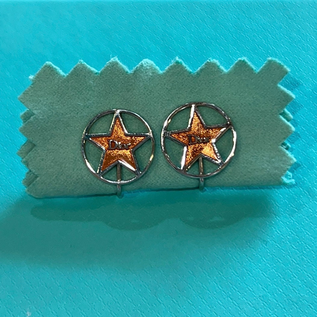 Christian Dior Star Logo Silver Tone With Gold Tone Clip On Earrings Authentic
